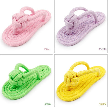 Pink cotton rope slippers dog chew toy, durable and approximately 16.7cm long, designed for safe dog play and chewing.