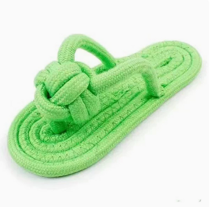Pink cotton rope slippers dog chew toy, durable and approximately 16.7cm long, suitable for chewing and play.
