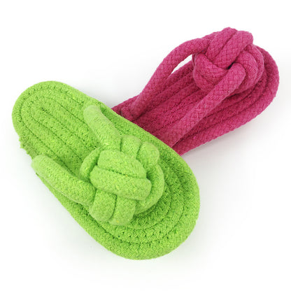 Pink cotton rope slippers dog chew toy by BACKUPMYFILESNOW.COM®, approximately 16.7cm, durable and soft for dogs to chew and play.