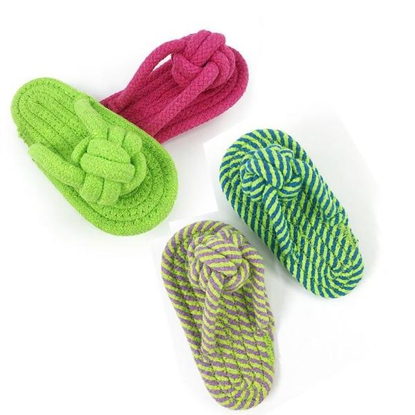 Pink cotton rope slippers dog chew toy, durable and approximately 16.7cm, designed for dogs to chew and play.