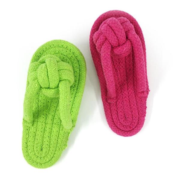 Pink cotton rope slippers dog chew toy, durable and approximately 16.7cm long, designed for chewing and play.