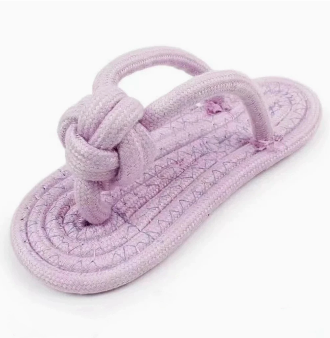 Pink cotton rope slippers dog chew toy, durable and approximately 16.7cm long, designed for canine play and chewing.