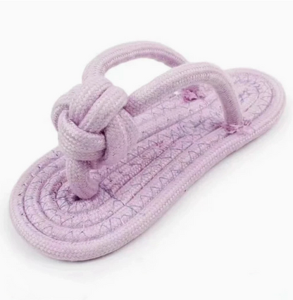 Pink cotton rope slippers dog chew toy, durable and approximately 16.7cm long, designed for canine play and chewing.