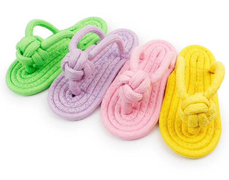 Pink cotton rope slippers dog chew toy, approximately 16.7cm, durable material for canine play and chewing.