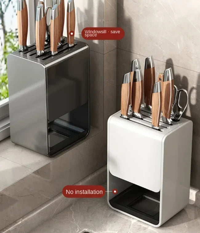 Grey kitchen accessories organizer with wall-mounted knife rack and stand, durable carbon steel holder for safe knife storage.