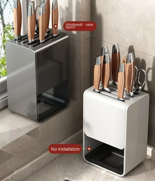 Grey kitchen accessories organizer with wall-mounted knife rack and stand, durable carbon steel holder for safe knife storage.