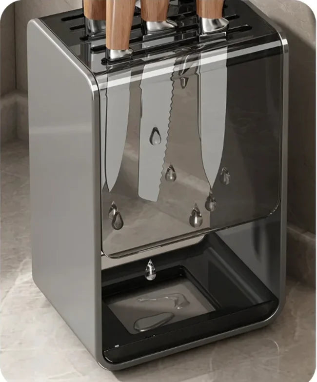 Gray kitchen accessories organizer with no-punch wall-mounted carbon steel knife rack and stand holder for safe knife storage.