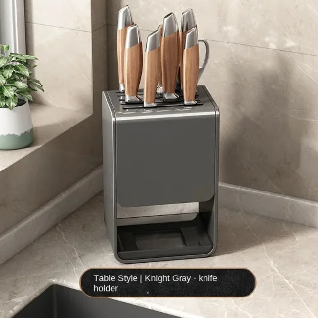 Grey kitchen accessories organizer with wall-mounted carbon steel knife rack and drainable stand for safe knife storage