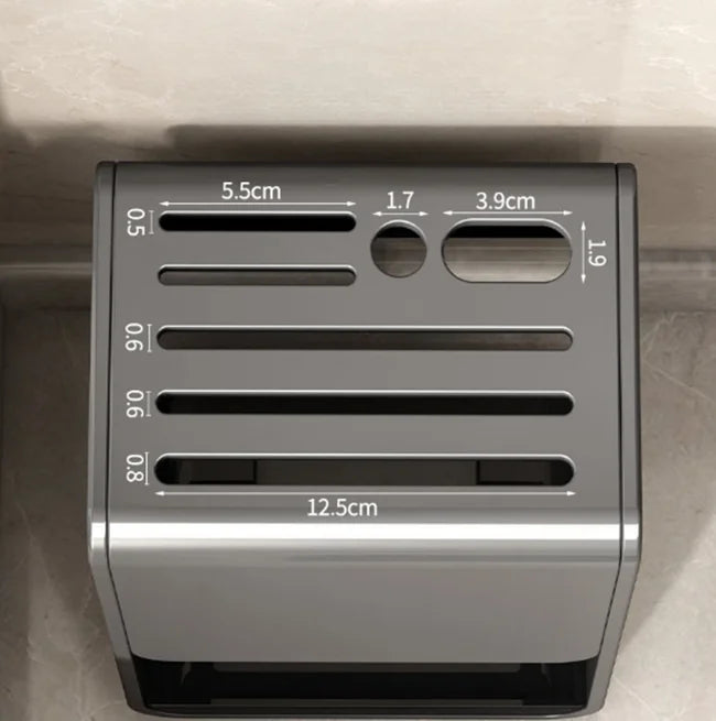 Grey kitchen accessories organizer with no-punching design, drainable carbon steel knife rack and wall-mounted knife storage holder.