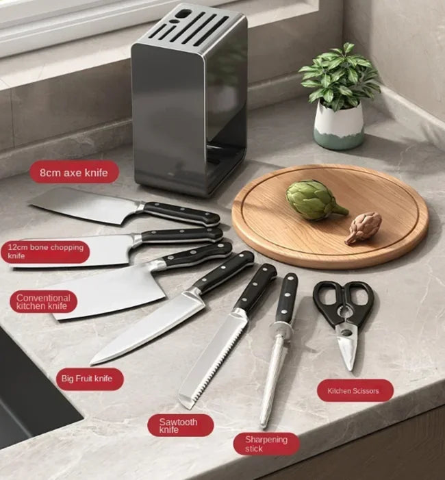 Gray kitchen knife rack holder by BackupMyFilesNow.com, wall-mounted, drainable carbon steel design, countertop knife storage organizer