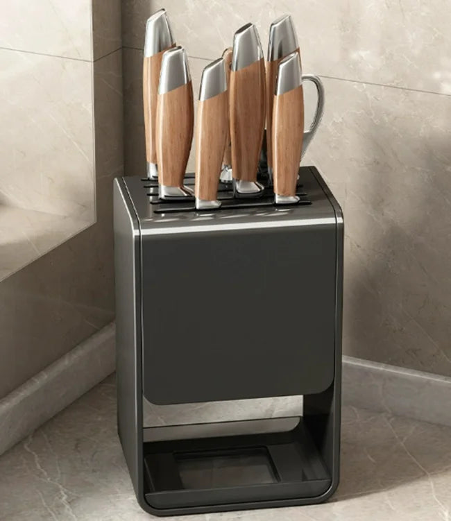 Grey kitchen accessories organizer with wall-mounted knife rack and drainable carbon steel holder for safe, convenient knife storage.