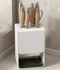 Gray kitchen accessories organizer with wall-mounted carbon steel knife rack and drainable stand for safe knife storage.