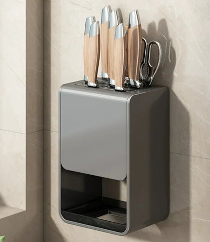 Grey kitchen accessories organizer with carbon steel knife rack, wall-mounted stand for safe and convenient knife storage.