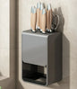 Grey kitchen accessories organizer with carbon steel knife rack, wall-mounted stand for safe and convenient knife storage.