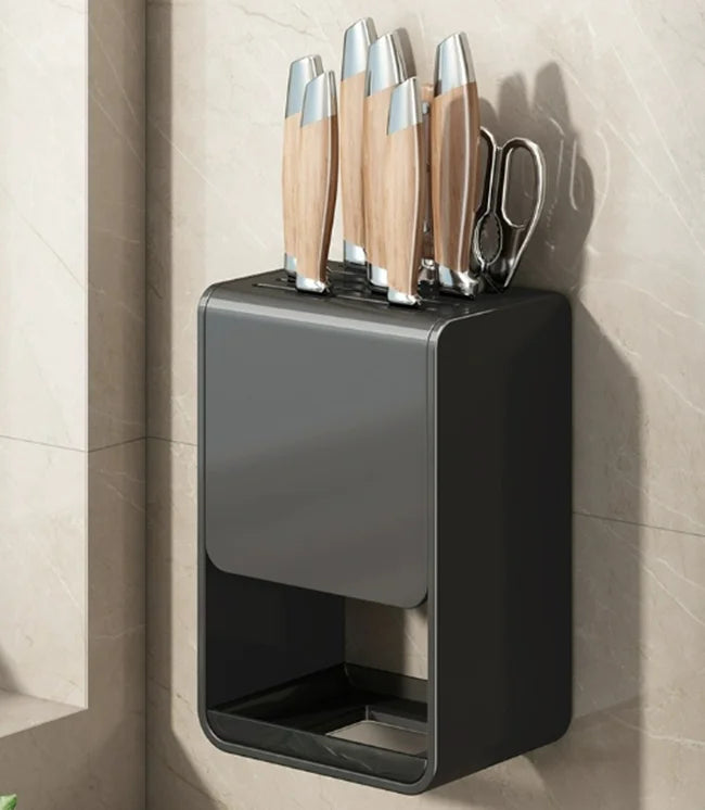 Grey kitchen accessories organizer with wall-mounted carbon steel knife rack, drainable stand holder for countertop or wall storage.