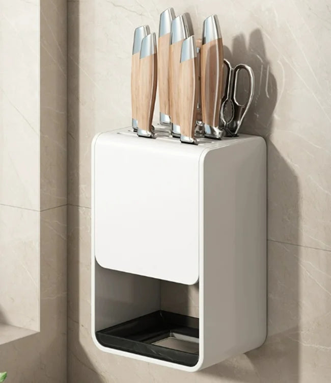 Gray kitchen accessories organizer with wall-mounted carbon steel knife rack and drainable stand for safe knife storage