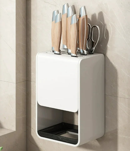 Gray kitchen accessories organizer with wall-mounted carbon steel knife rack and drainable stand for safe knife storage