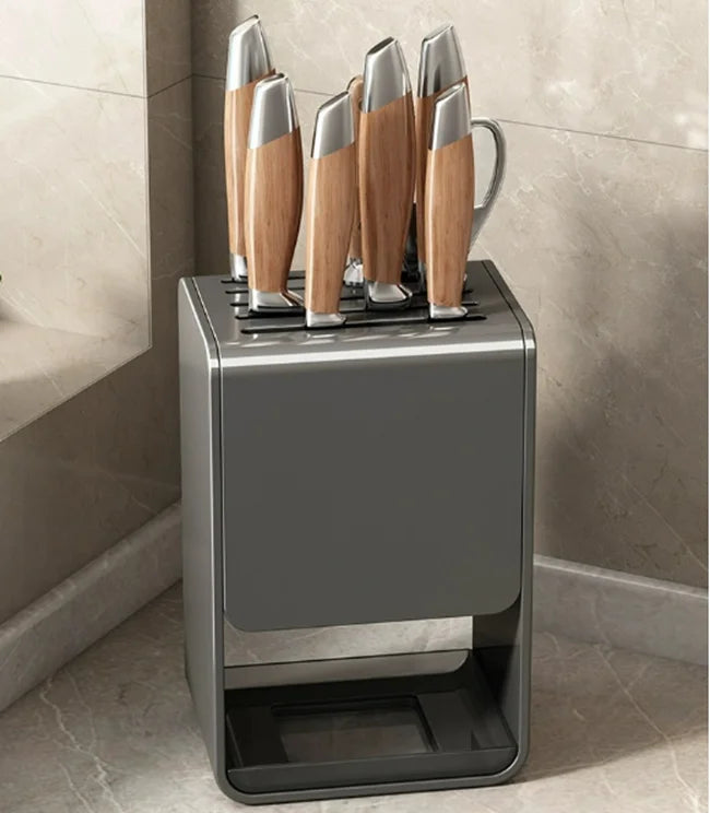 Grey kitchen accessories organizer with no-punch mounting, drainable carbon steel knife rack and wall-mounted knife storage holder.