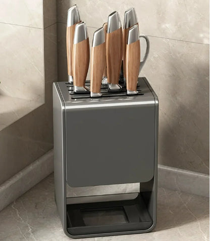 Grey kitchen accessories organizer with no-punch mounting, drainable carbon steel knife rack and wall-mounted knife storage holder.