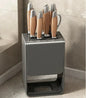 Grey kitchen accessories organizer with no-punch mounting, drainable carbon steel knife rack and wall-mounted knife storage holder.