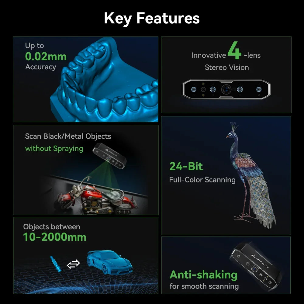 Creality CR-Scan Otter handheld 3D scanner with 0.02mm accuracy, high-precision all-in-one 3D scanning device.