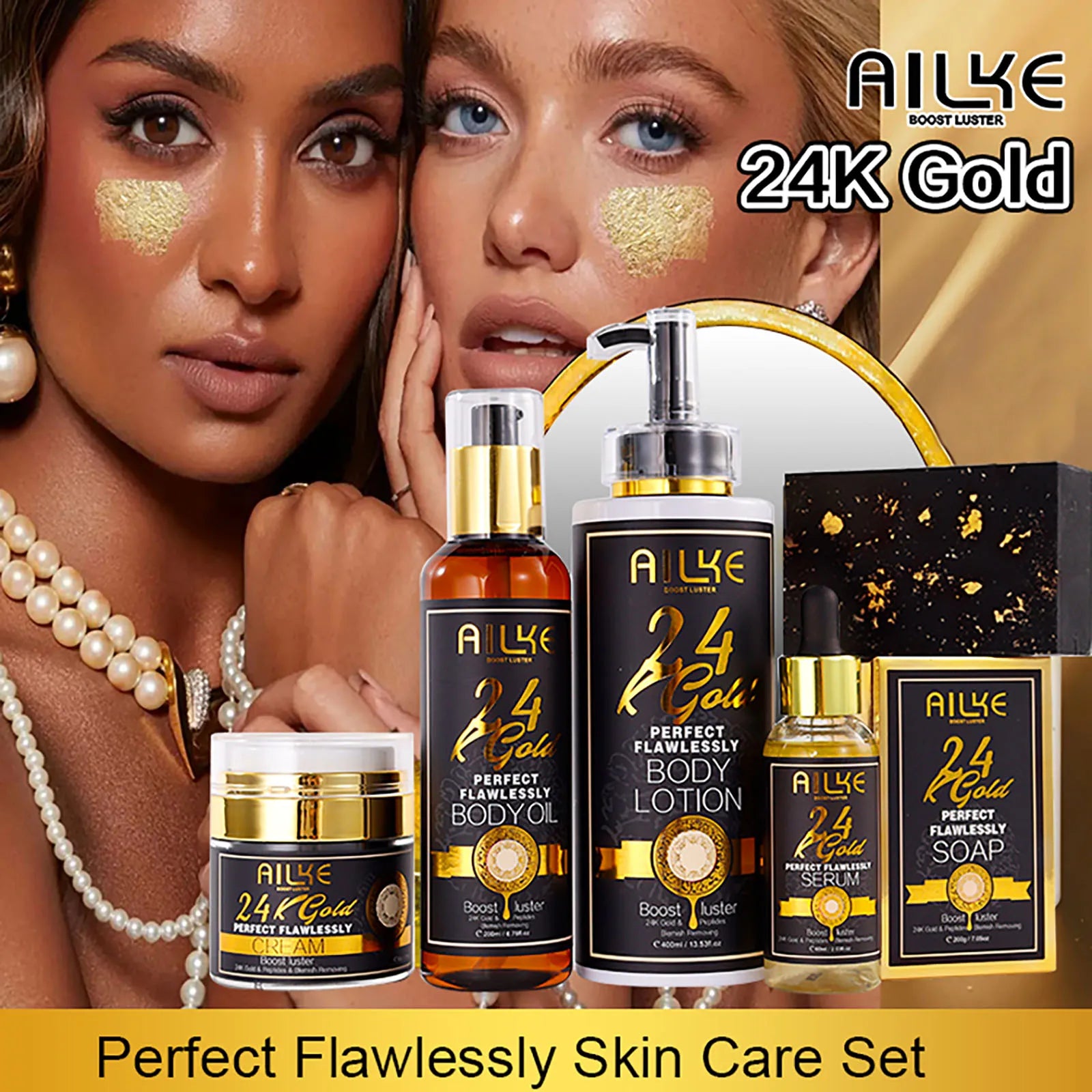 AILKE 24K Gold Flawlessly Skin Care Range cream jar with gold accents, designed to reduce dark spots, wrinkles, and moisturize skin.