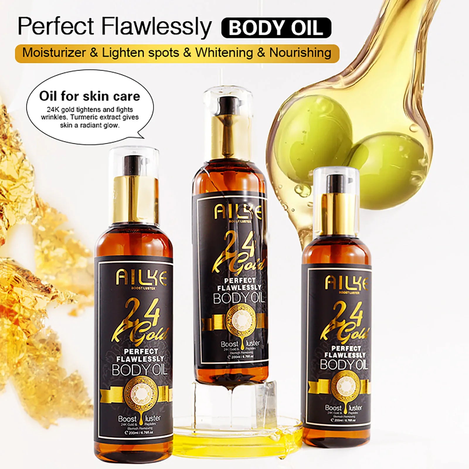 AILKE 24K Gold Flawlessly Skin Care Range cream in a 50g jar, designed to reduce dark spots, melanin, wrinkles, and moisturize skin.