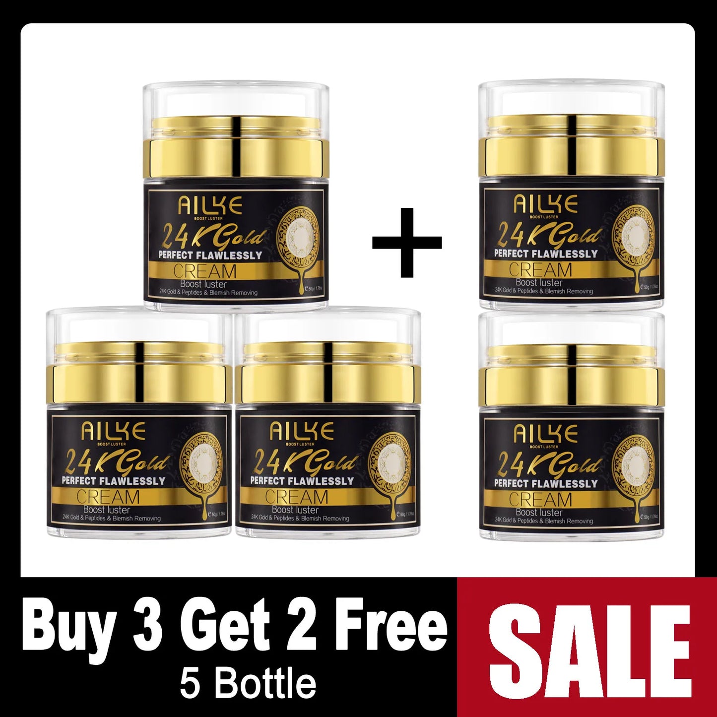 A 50g jar of AILKE 24K Gold Flawlessly Skin Care Range cream for skin whitening, dark spot reduction, and moisturizing for women and men.