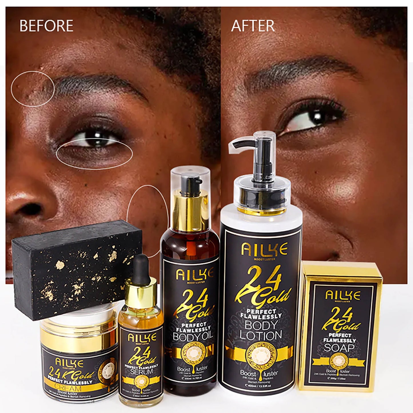 A 50g jar of AILKE 24K Gold Flawlessly Skin Care Cream for skin whitening, reducing dark spots, wrinkles, and moisturizing.