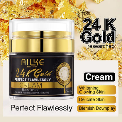 AILKE 24K Gold Flawless Skin Care Range cream in a 50g jar, designed to whiten skin, reduce dark spots, wrinkles, and moisturize.