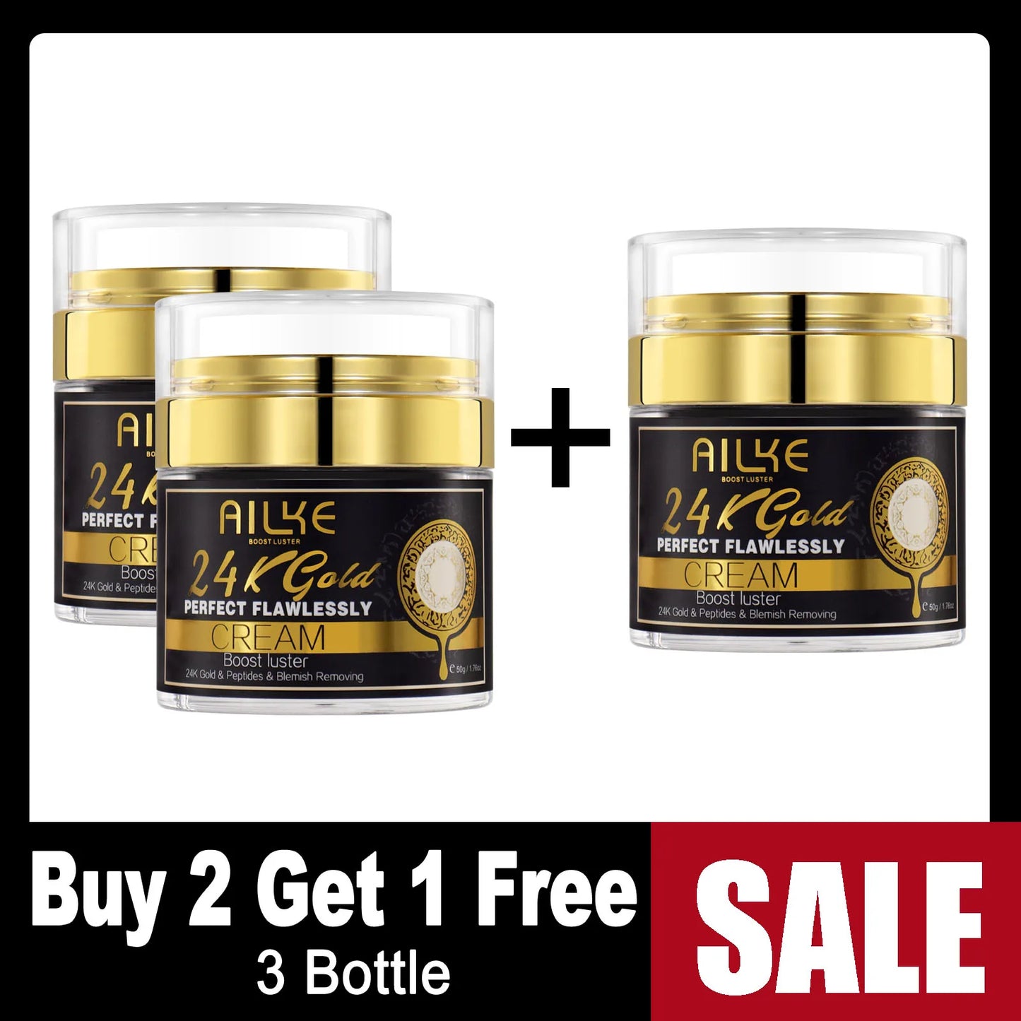 A 50g jar of AILKE 24K Gold Flawlessly Skin Care Range cream for skin whitening, dark spot reduction, and moisturizing for women and men.