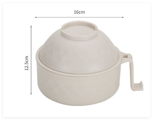 Cream-colored ramen bowl with draining cup from BACKUPMYFILESNOW.COM®, featuring a wide opening and drainage slots for easy rinsing.