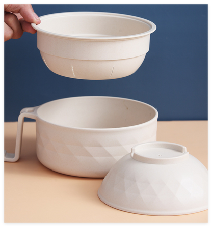 Cream-colored ramen bowl with draining cup from BACKUPMYFILESNOW.COM® for serving noodles and broth, featuring a built-in draining design.