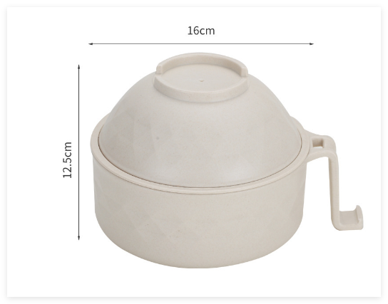 Cream-colored ramen bowl with draining cup from BACKUPMYFILESNOW.COM®, featuring a wide opening and integrated strainer for easy noodles drainage.