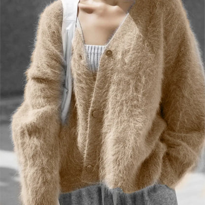 Creamy white imitation mink cardigan for women, loose long sleeve knitted sweater jacket, soft, solid color, trendy commuting style.