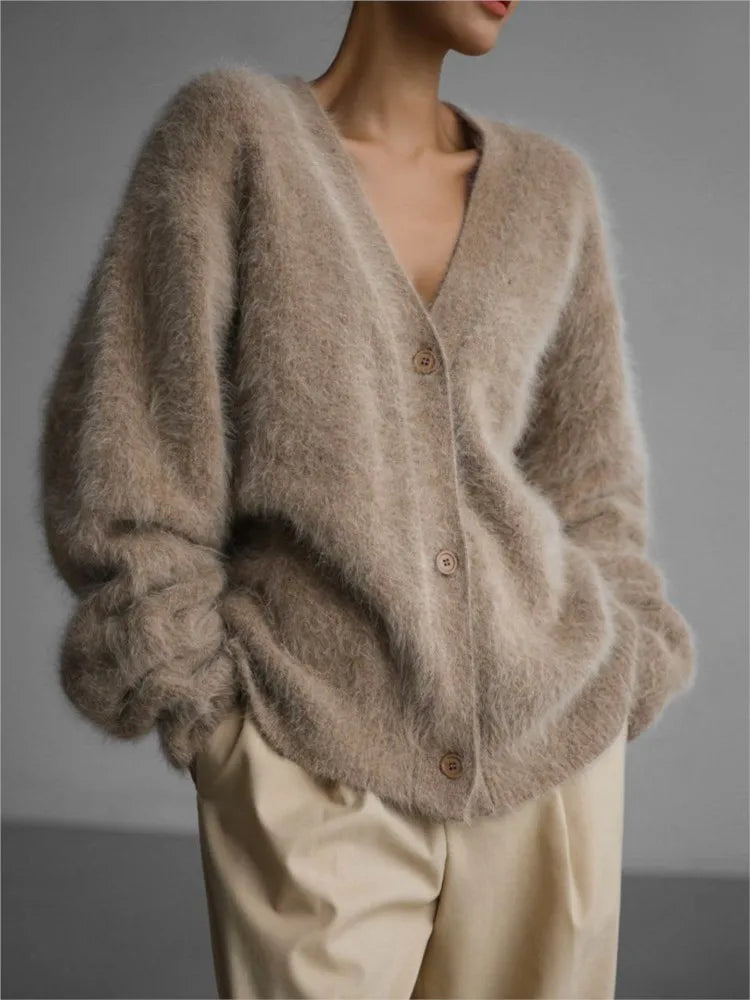 Creamy white imitation mink cardigan for women, loose fit soft long sleeve knitted sweater jacket, stylish solid color casual wear.