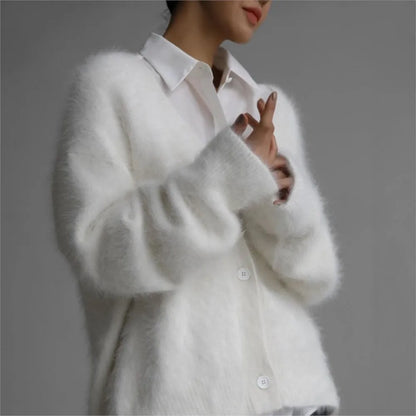 Creamy white imitation mink cardigan for women, soft long sleeve knitted sweater jacket, loose fit, solid color, trendy and comfortable.