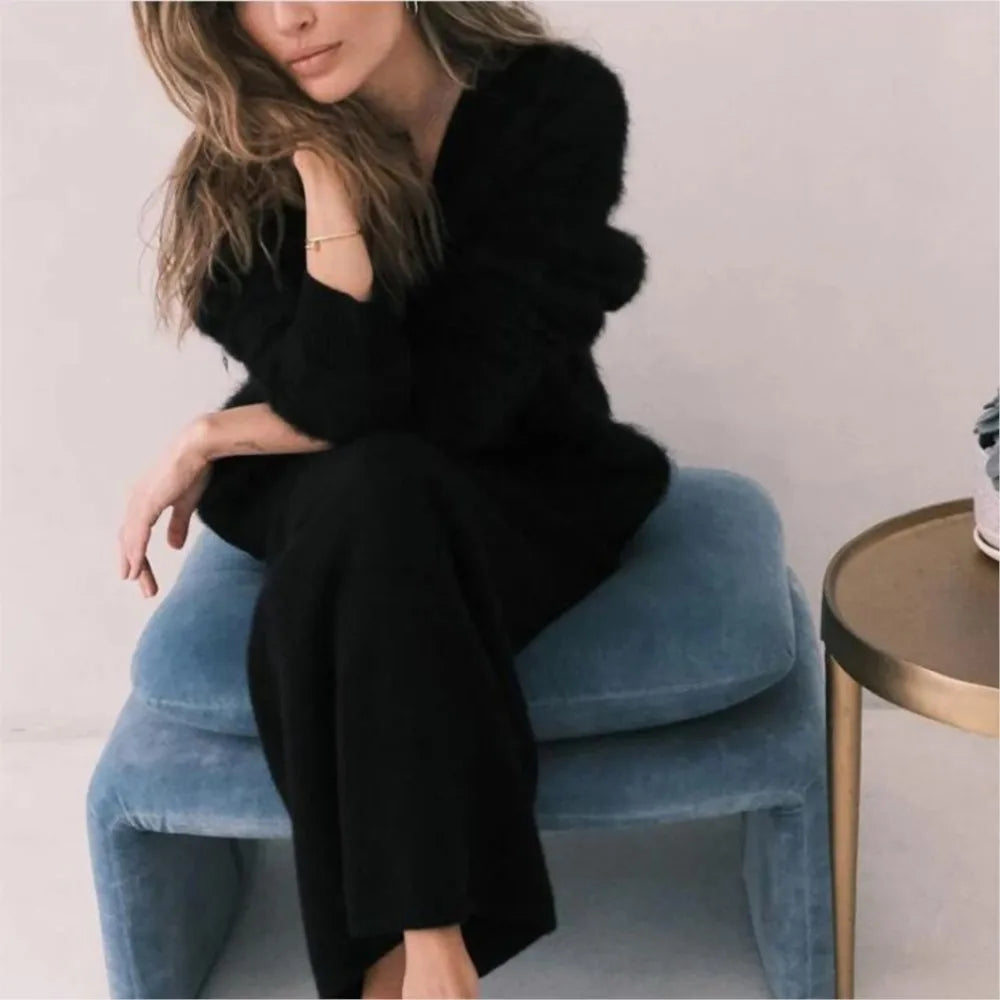 Creamy white imitation mink cardigan for women, loose fit knitted sweater with long sleeves, solid color, trendy and soft.
