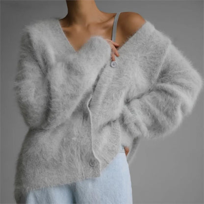 Creamy white imitation mink cardigan for women, loose long sleeve knitted sweater jacket, solid color, soft and trendy for commuting.