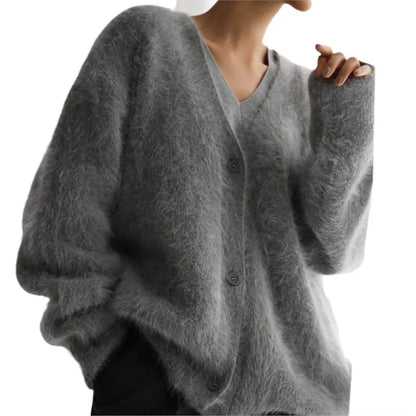 Creamy white imitation mink cardigan for women, loose long-sleeve knitted sweater jacket, soft and solid color, trendy and comfortable.