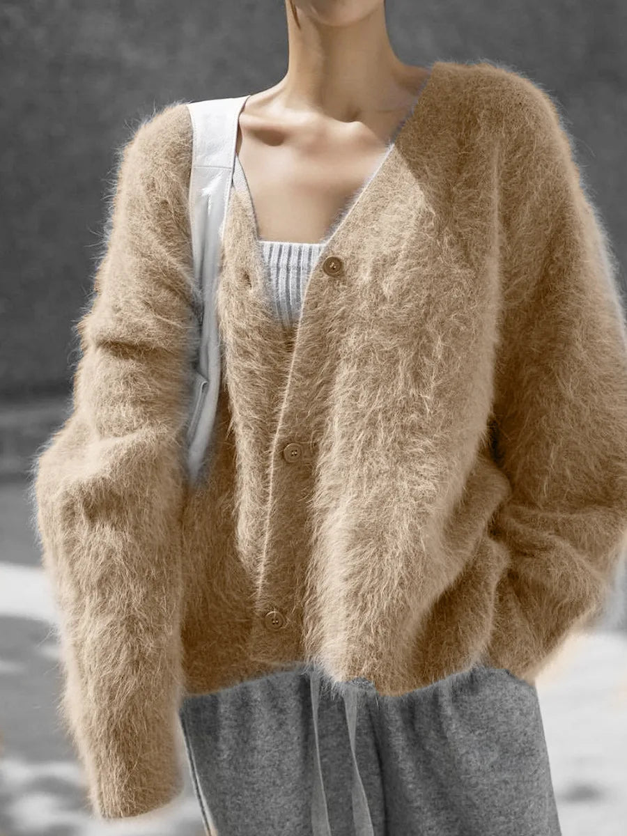 Creamy white imitation mink cardigan for women, loose knitted sweater jacket with long sleeves and solid color, trendy and cozy.