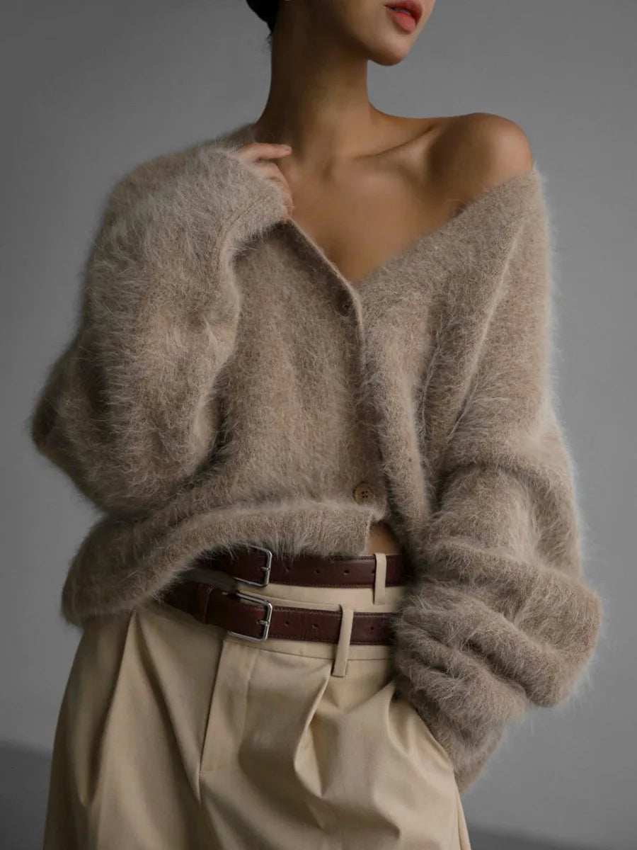 Creamy white imitation mink cardigan for women, loose knitted sweater with long sleeves, solid color, soft and trendy for commuting.