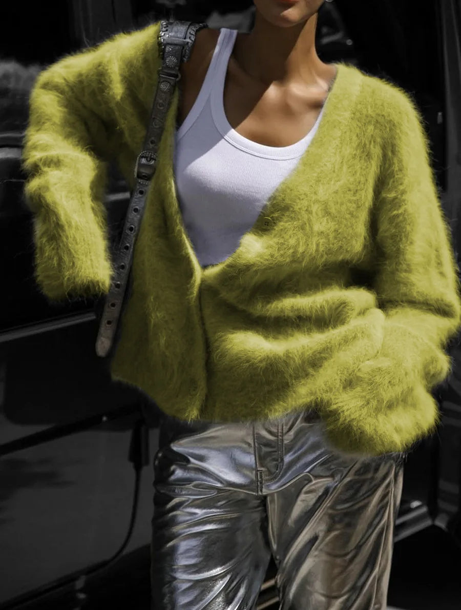 Creamy white imitation mink cardigan for women, loose long-sleeve knitted sweater jacket, solid color, stylish and cozy.