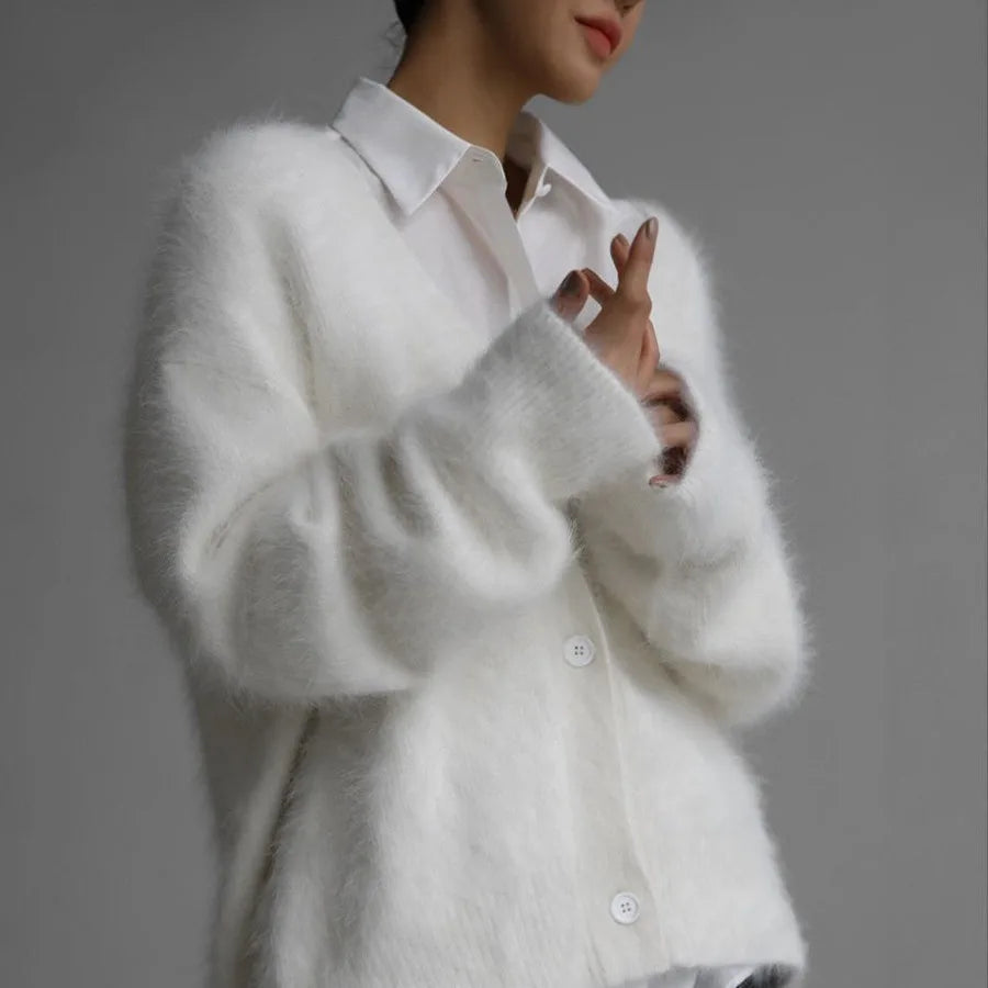 Creamy white imitation mink cardigan for women, loose sweater jacket with long sleeves, soft knitted fabric, solid color, trendy and stylish.