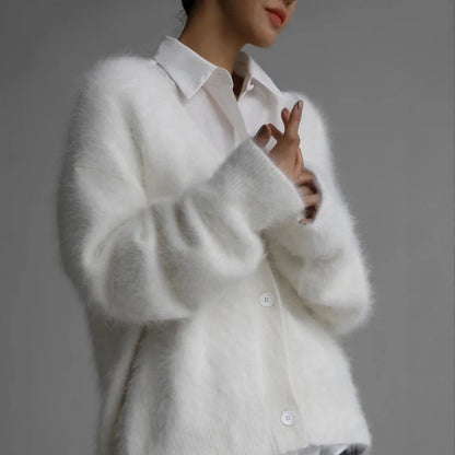 Creamy white imitation mink cardigan for women, loose sweater jacket with long sleeves, soft knitted fabric, solid color, trendy and stylish.