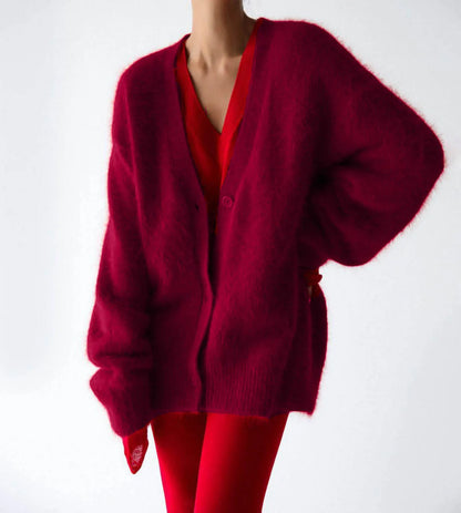 Creamy white imitation mink cardigan for women, loose long-sleeve knitted sweater jacket, soft, solid color, stylish and comfortable.