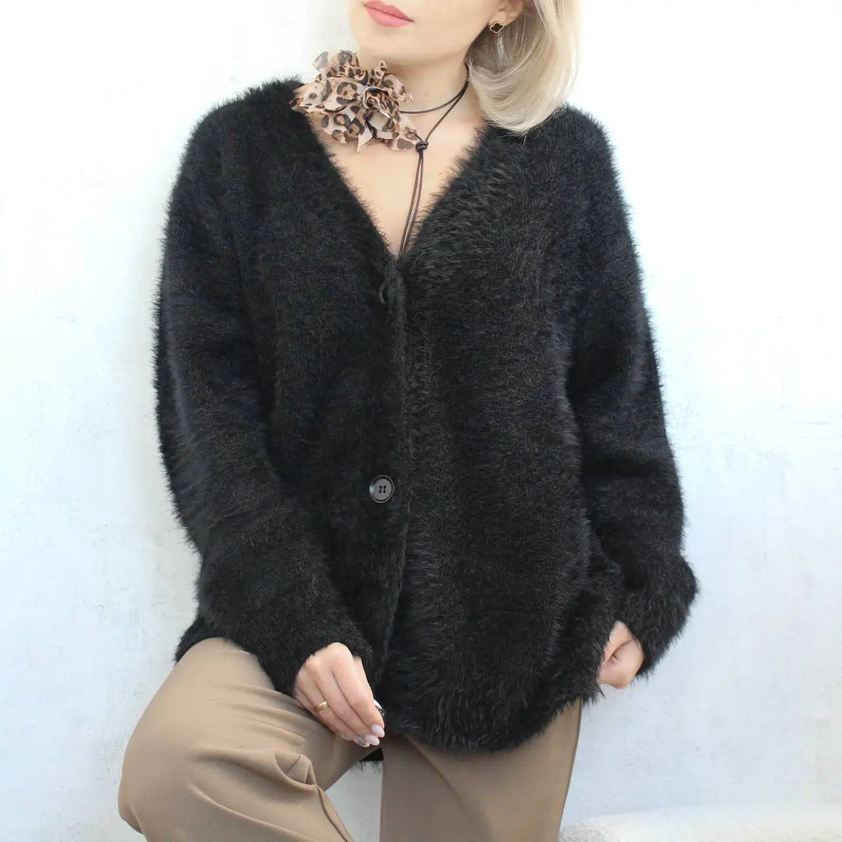 Creamy white imitation mink cardigan for women, loose knit sweater jacket with long sleeves, solid color, soft and stylish.