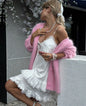 Creamy white imitation mink cardigan for women, loose knitted sweater jacket with long sleeves and solid color, trendy and soft.