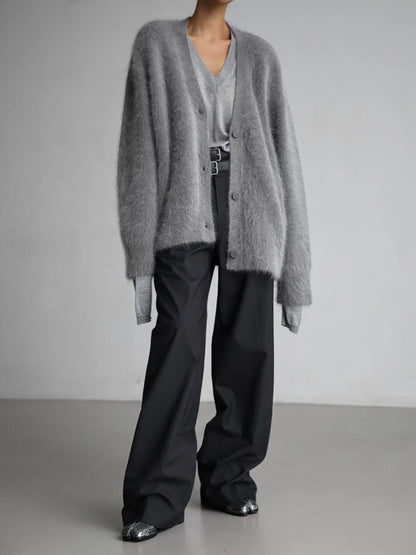 Creamy white imitation mink cardigan for women, loose knitted sweater jacket with long sleeves, solid color, soft and trendy.