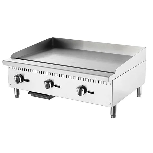 Commercial hard chrome gas griddle with stainless steel surface, ideal for restaurant kitchens, CE certified by BackupMyFilesNow.com